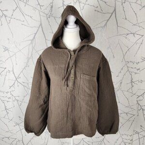 Eddie Bauer Tan Brown Cotton Gauze Button Popover Hoodie